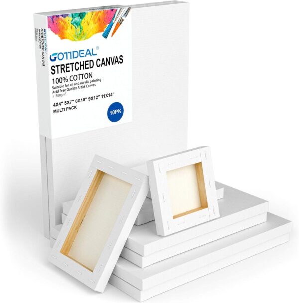 GOTIDEAL Stretched Canvas, Multi Pack 4x4", 5x7", 8x10",9x12", 11x14" Set of 10, Primed White - 100% Cotton Artist Canvas Boards for Painting, Acrylic Pouring, Oil Paint Dry & Wet Art Media - Image 2