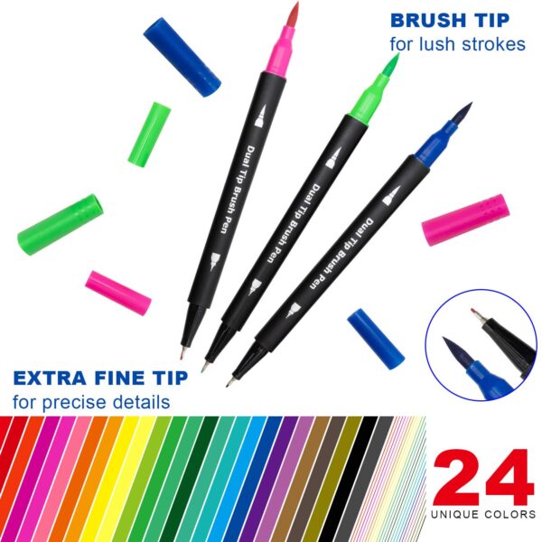 Dual Brush Marker Pens,24 Colored Markers,Fine Point and Brush Tip for Kids Adult Coloring Books Bullet Journals Planners,Note Taking Coloring Writing - Image 2