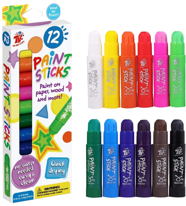 TBC The Best Crafts Paint Sticks,12 Classic Colors, Washable Paint, Non-toxic, Tempera Paint Sticks for Kids and Students