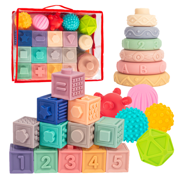 Springflower 3 in 1 Montessori Toys for Babies 0-3-6-12 Months, Soft Baby Teething Toys, Stacking Building Blocks for Infants, Sensory Developmental Education Toys for Toddler Baby 12-18 Months,23 PCS