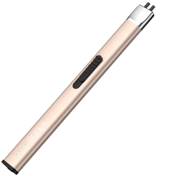 REIDEA Electric Lighter R1 Flat Candle Lighter, Windproof Flameless USB Rechargeable Arc Lighter with Safe Button and Power Indicator for Candle, BBQ and Fireworks, Champagne Gold