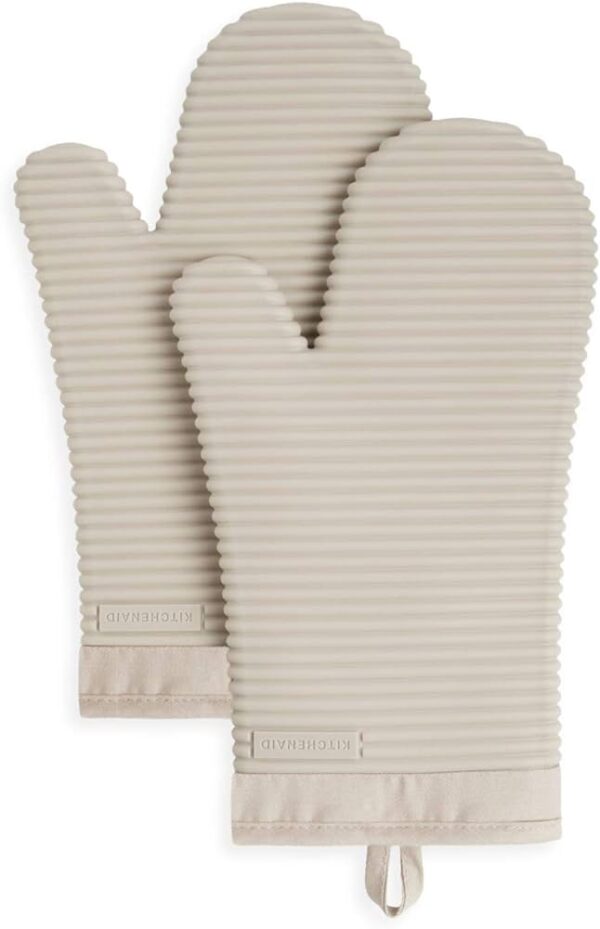 KitchenAid Ribbed Soft Silicone Oven Mitt Set, 7"x13", Milkshake 2 Count - Image 2