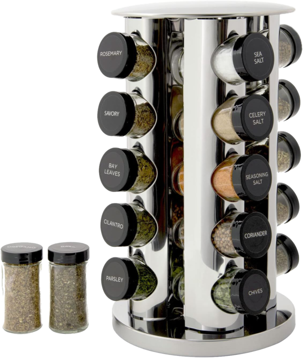 Kamenstein 20 Jar Revolving Countertop Spice Rack with Spices Included, FREE Spice Refills for 5 Years, Polished Stainless Steel with Black Caps, 30020