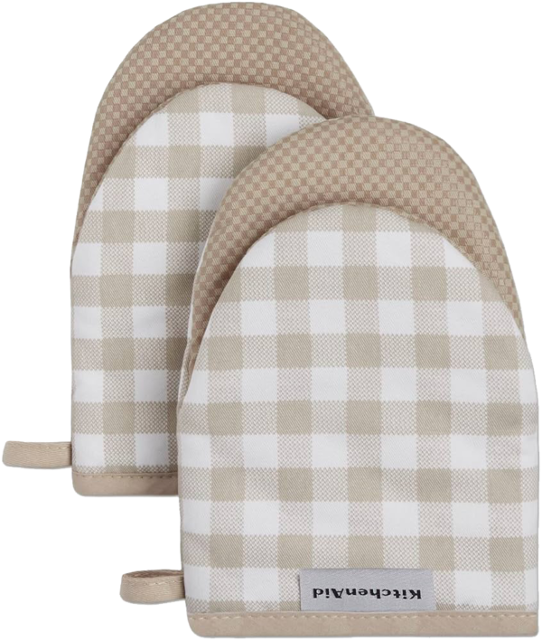 KitchenAid Gingham Mini Oven Mitt 2-Pack Set, Milkshake Tan, 5.5"x8"
