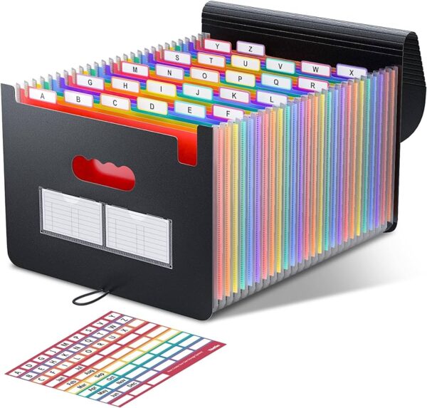 Sooez 24 Pockets Expanding File Folder with Blank Labels, According File Organizer with Expandable Cover, Desktop Accordion Folders Letter A4 Paper Document Storage Organizer, Black - Image 3