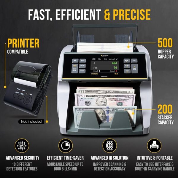 KOLIBRI KBR-1500 V2 Business-Grade Money Counter | Bill Counter, Sorter, Reader with Counterfeit Detection | Mixed Value Money Counting Machine | US Tech Support (3-Year US Warranty) (KBR-1500 V2) - Image 3