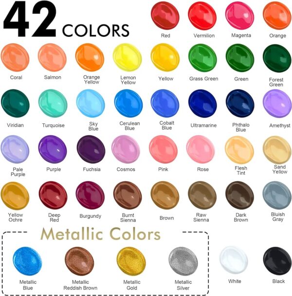 Shuttle Art Acrylic Paint, 42 Colors Acrylic Paint Set with 12 Paint Brushes, 2oz/60ml Bottles, Rich Pigmented, Water Proof, Premium Paints for Artists, Beginners and Kids on Canvas Rocks Wood Ceramic - Image 2