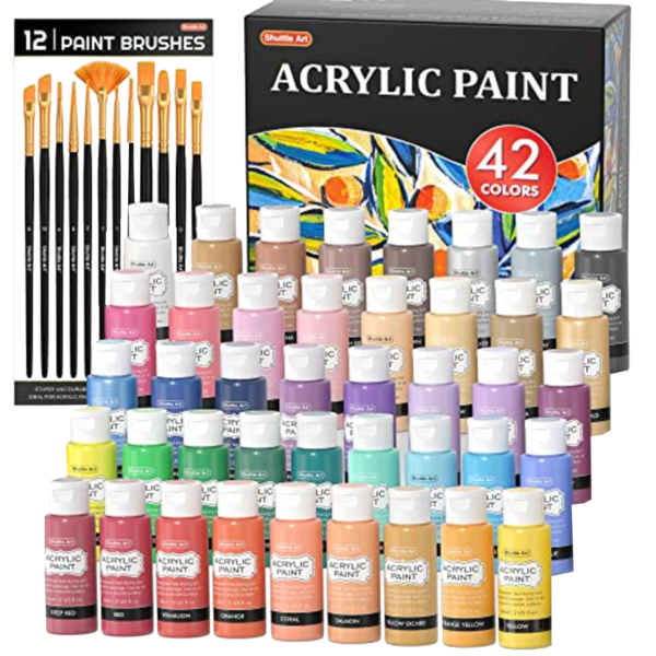 Shuttle Art Acrylic Paint, 42 Colors Acrylic Paint Set with 12 Paint Brushes, 2oz/60ml Bottles, Rich Pigmented, Water Proof, Premium Paints for Artists, Beginners and Kids on Canvas Rocks Wood Ceramic