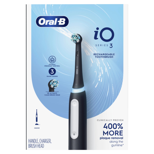 Oral-B iO Series 3 Limited Rechargeable Electric Powered Toothbrush, Black with 2 Brush Heads and Travel Case - Visible Pressure Sensor to Protect Gums - 3 Modes - 2 Minute Timer